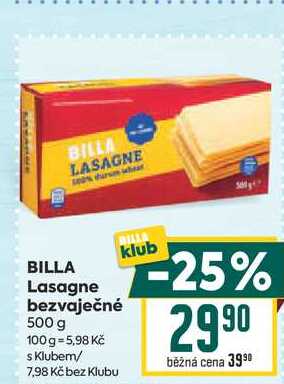 BILLA Lasagne bezvaječné 500 g