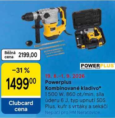 Powerplus Kombinované kladivo, 1500 W. 860 ot/min, síla úderu 6 J, typ upnutí SDS Plus, kufr s vrtáky a sekáči