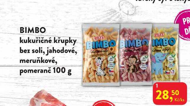 BIMBO kukuřičné křupky bez soli, jahodové, meruňkové, 100 g