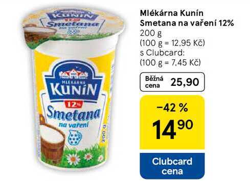 Mlékárna Kunín Smetana na vaření 12%, 200 g