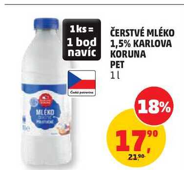 ČERSTVÉ MLÉKO 1,5% KARLOVA KORUNA PET, 1 l