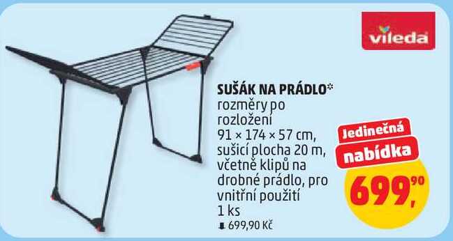 SUŠÁK NA PRÁDLO rozměry po rozložení 91 x 174 x 57 cm, sušicí plocha 20 m, včetně klipů na drobné prádlo, pro vnitřní použití, 1 ks 