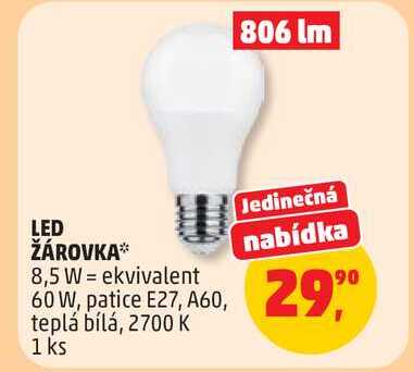 LED ŽÁROVKA 8,5 W ekvivalent 60 W, patice E27, A60, teplá bílá, 2700 K, 1 ks