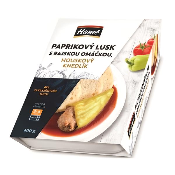 Hamé Plněný paprikový lusk s rajskou omáčkou, houskový knedlík