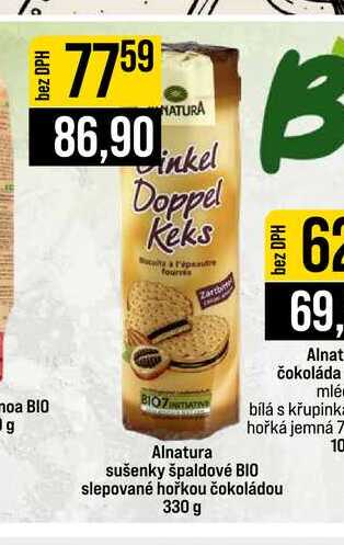 Alnatura sušenky špaldové BIO slepované hořkou čokoládou 330 g