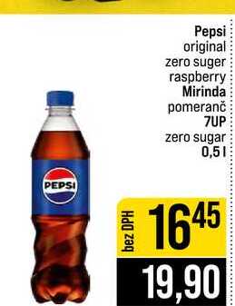 Pepsi original zero suger raspberry Mirinda pomeranč 7UP zero sugar 0,5l