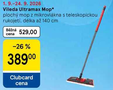 Vileda Ultramax Mop, plochý mop z mikrovlákna s teleskopickou rukojetí, délka až 140 cm