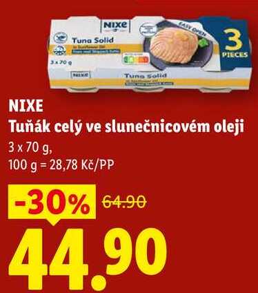NIXE Tuňák celý ve slunečnicovém oleji, 3 x 70 g