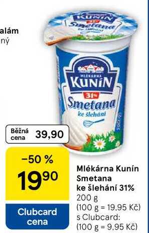 Mlékárna Kunín Smetana ke šlehání 31%, 200 g