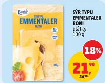 SÝR TYPU EMMENTALER BONI plátky, 100 g