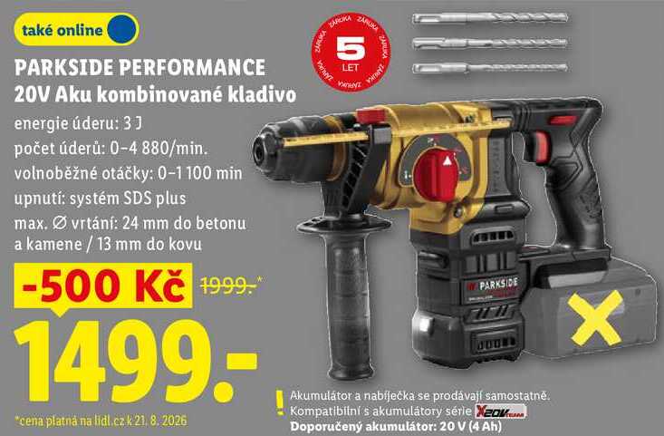 PARKSIDE PERFORMANCE 20V Aku kombinované kladivo
