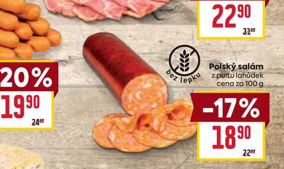 Polský salám lepku z pultu lahůdek cena za 100 g