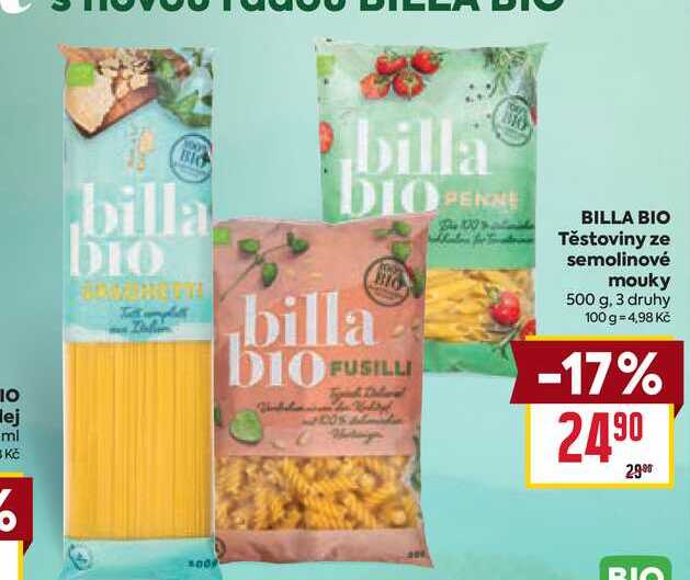 BILLA BIO Těstoviny ze semolinové mouky 500 g