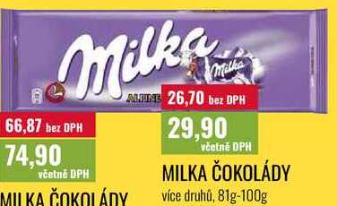 MILKA ČOKOLÁDY, více druhů, 81g-100g 