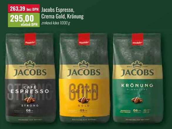 Jacobs Espresso, Crema Gold, Krönung zrnková káva 1000 g