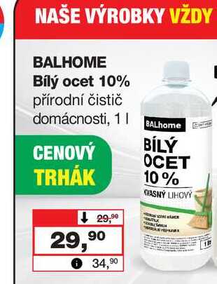 BALHOME Bílý ocet 10% přírodní čistič domácnosti, 1l
