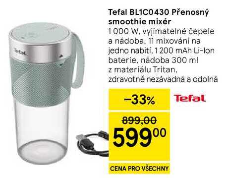 Tefal BL1C0430 Přenosný smoothie mixér, 1000 W. vyjímatelné čepele a nádoba. 11 mixování na jedno nabití, 1 200 mAh Li-Ion baterie, nádoba 300 ml z materiálu Tritan