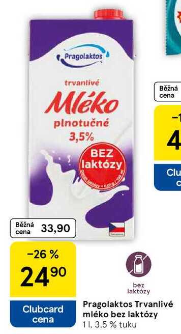 Pragolaktos Trvanlivé mléko bez laktózy 3.5% tuku, 1 l