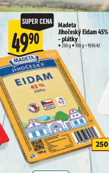 Madeta Jihočeský Eidam 45% - plátky 250 g