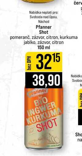 Pfanner Shot pomeranč, zázvor, citron, kurkuma jablko, zázvor, citron 150 ml 