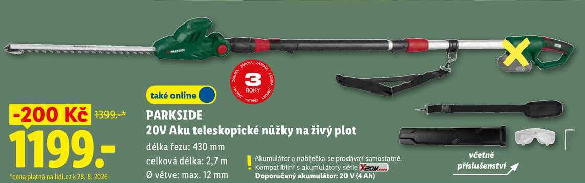 PARKSIDE 20V Aku teleskopické nůžky na živý plot