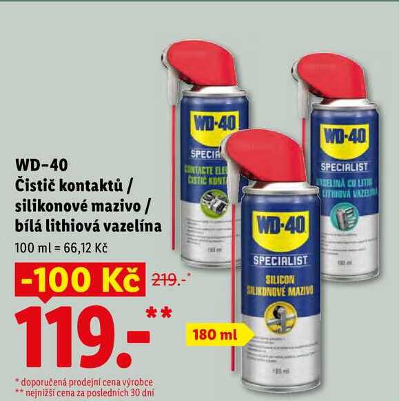 WD-40 Čistič kontaktů/silikonové mazivo/bílá lithiová vazelína, 180 ml