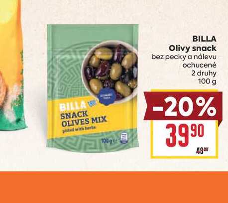 BILLA Olivy snack bez pecky a nálevu ochucené 2 druhy 100 g