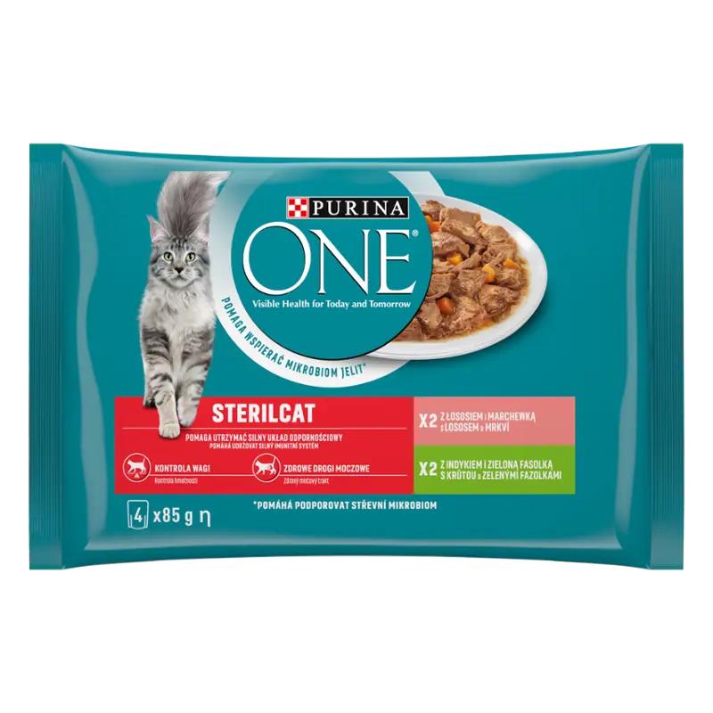 Purina One Kapsička pro kočky Sterilcat s krůtou a zelenými fazolkami, s lososem a mrkví ve šťávě multipack 4x 85 g, 340 g