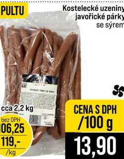 Kostelecké uzeniny javořické párky se sýrem cca 2,2 kg 100g