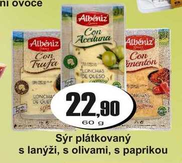 Sýr plátkovaný s lanýži, s olivami, s paprikou 60 g