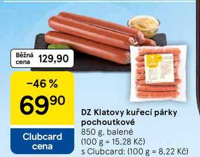 DZ Klatovy kuřecí párky pochoutkové, 850 g, balené 