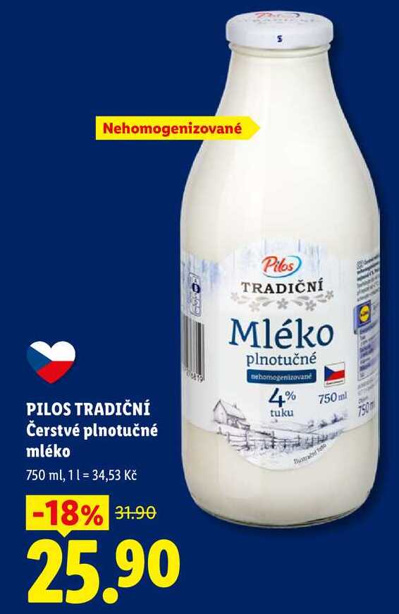 PILOS TRADIČNÍ Čerstvé plnotučné mléko, 750 ml