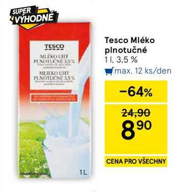 Tesco Mléko plnotučné 3.5%, 1 l  v akci