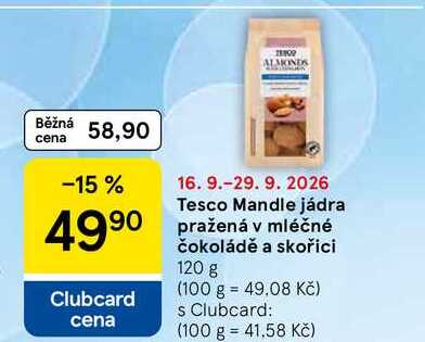 Tesco Mandle jádra pražená v mléčné čokoládě a skořici, 120 g