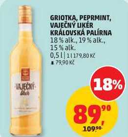 GRIOTKA, PEPRMINT, VAJEČNÝ LIKÉR KRÁLOVSKÁ PALÍRNA 18% alk., 19% alk., 15% alk., 0,5 l