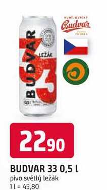 BUDVAR 33 0,5l plechovka pivo světlý ležák 