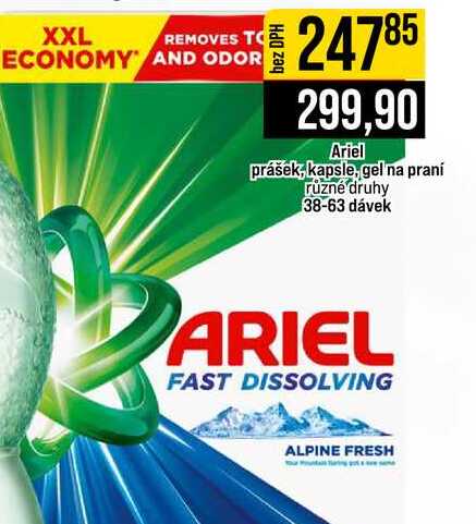 Ariel prášek, kapsle, gel na praní různé druhy 38-63 dávek 