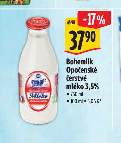 Bohemilk Opočenské čerstvé mléko 3,5% 750 ml