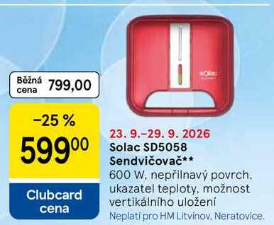 Solac SD5058 Sendvičovač, 600 W, nepřilnavý povrch. ukazatel teploty, možnost vertikálního uložení  