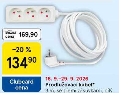 Prodlužovací kabel, 3 m, se třemi zásuvkami, bílý