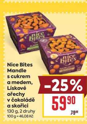 Nice Bites Mandle s cukrem a medem, Lískové ořechy v čokoládě a skořici 130 g
