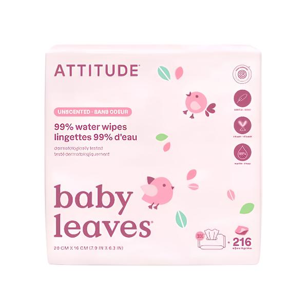 Attitude Baby leaves Vlhčené ubrousky s 99 % vody - bez vůně - výhodné balení (3 x 72 ks)
