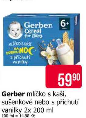 Gerber mlíčko s kaší, sušenkové nebo s příchutí vanilky 2x 200 ml