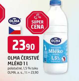 OLMA ČERSTVÉ MLÉKO 1l polotučné, 1,5 % tuku 