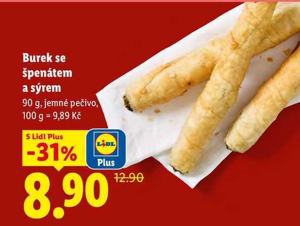 Burek se špenátem a sýrem, 90 g, jemné pečivo