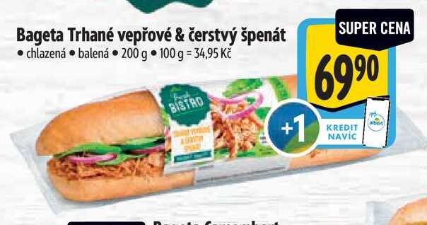 Bageta Trhané vepřové & čerstvý špenát, 200 g