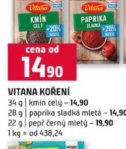 VITANA KOŘENÍ 34 g kmin celý 28 g paprika sladká mletá pepř černý mletý 22 g 