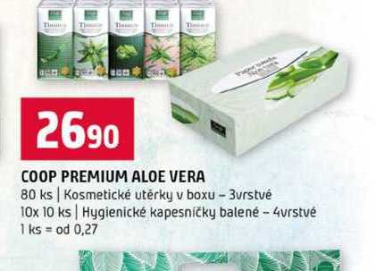 COOP PREMIUM ALOE VERA 80 ks Kosmetické utěrky v boxu 3vrstvé 10x 10 ks Hygienické kapesničky balené 4vrstvé