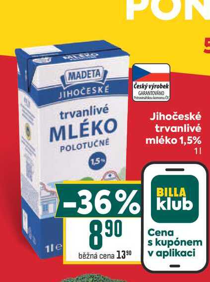 Jihočeské trvanlivé mléko 1,5% 1l