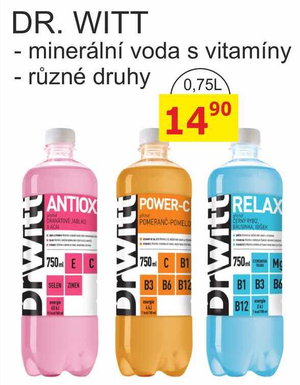 DR. WITT - minerální voda s vitamíny, různé druhy 0,75L